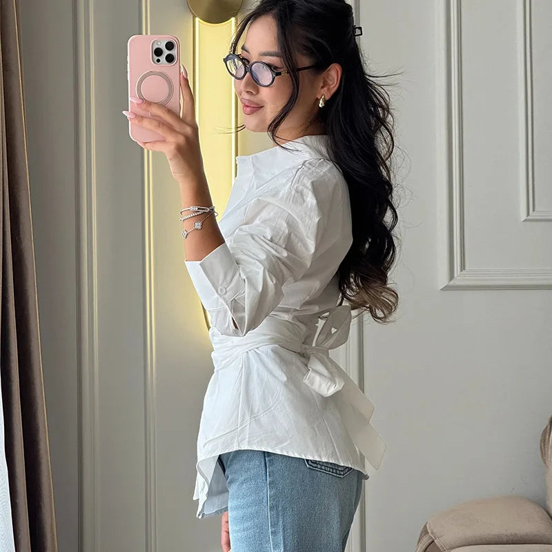 Women White Blouses Shirt Vintage Turn Down Collar Full Sleeve Tops Tight Waist Y2k Streetwear Elegant Splice Shirts 2026 Spring