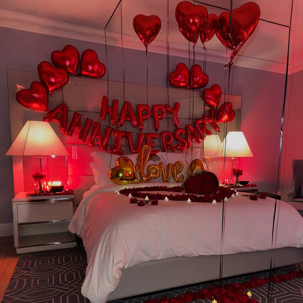 Happy Anniversary Decoration, Red Heart Balloon, Happy Anniversary Banner, Rose Petals, Wedding, Valentine's Day Romance