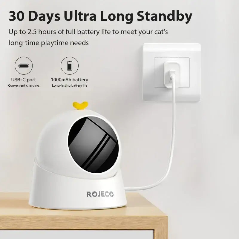 White rojeco interactive laser cat toy with yellow heart-shaped antenna and black lens front view