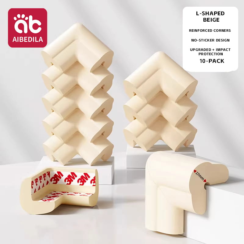 Beige Baby-Sicherheits-Eckschutzvorrichtungen aus weichem Schaumstoff mit verstärktem Zickzack-Design und 3M-Kleberückseite für einen sicheren Kantschutz.