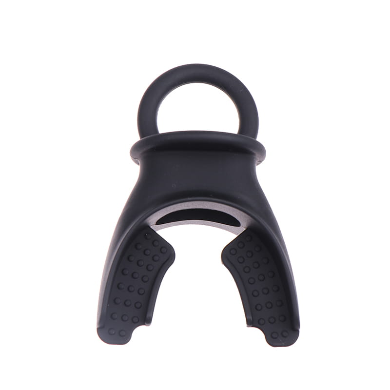Black silicone lung capacity training device mouthpiece with textured grip surfaces and metal ring for respiratory fitness tool.