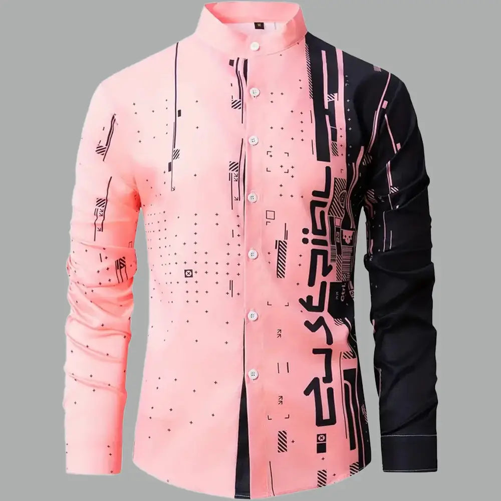 A stylish graphic button up long sleeve shirt for men featuring a pink and black modern geometric pattern.