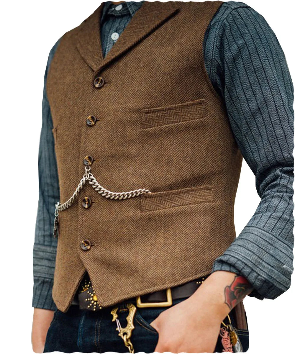 Mens Suit Vest Lapel V Neck Herringbone Casual Business Vest Waistcoat Groomman For Wedding Tweed Business Waistcoat