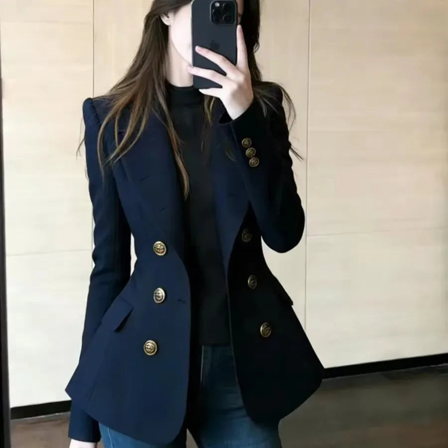 French High-grade Navy Blue Double-Breasted Blazer Jacket Outwear Women's 2026 Spring New Fashion Loose Commuter Suit Jacket Top