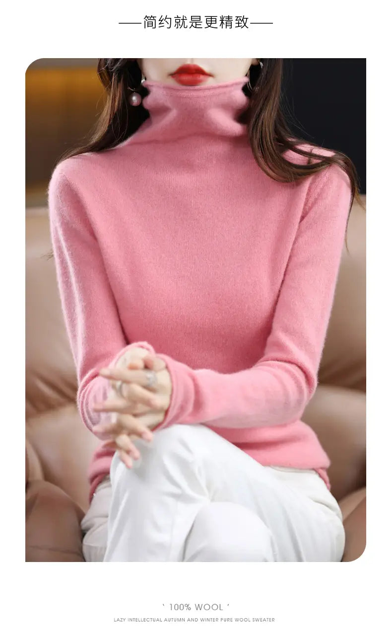 A soft pink long-sleeved merino wool turtleneck sweater for women made of 100 percent pure wool.