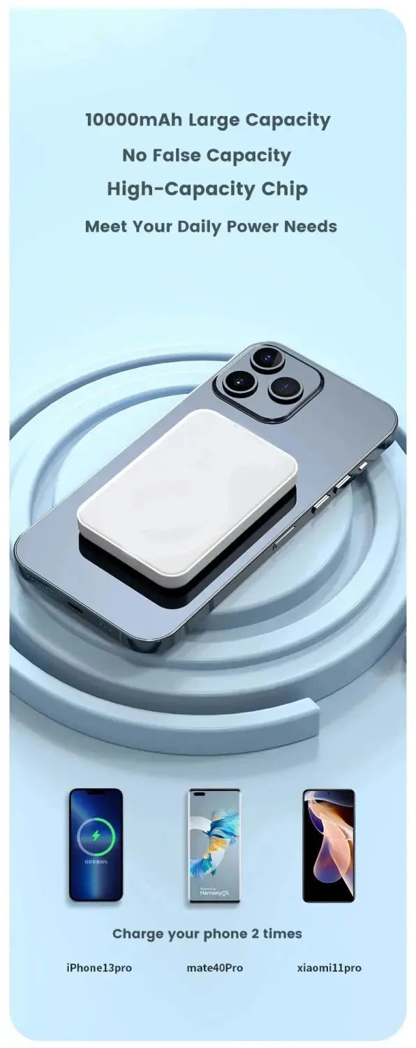 A sleek white rectangular magnetic power bank with a minimalist design and 20000mah capacity attached by magnetic suction for fast charging sits atop a silver iphone 13 pro.