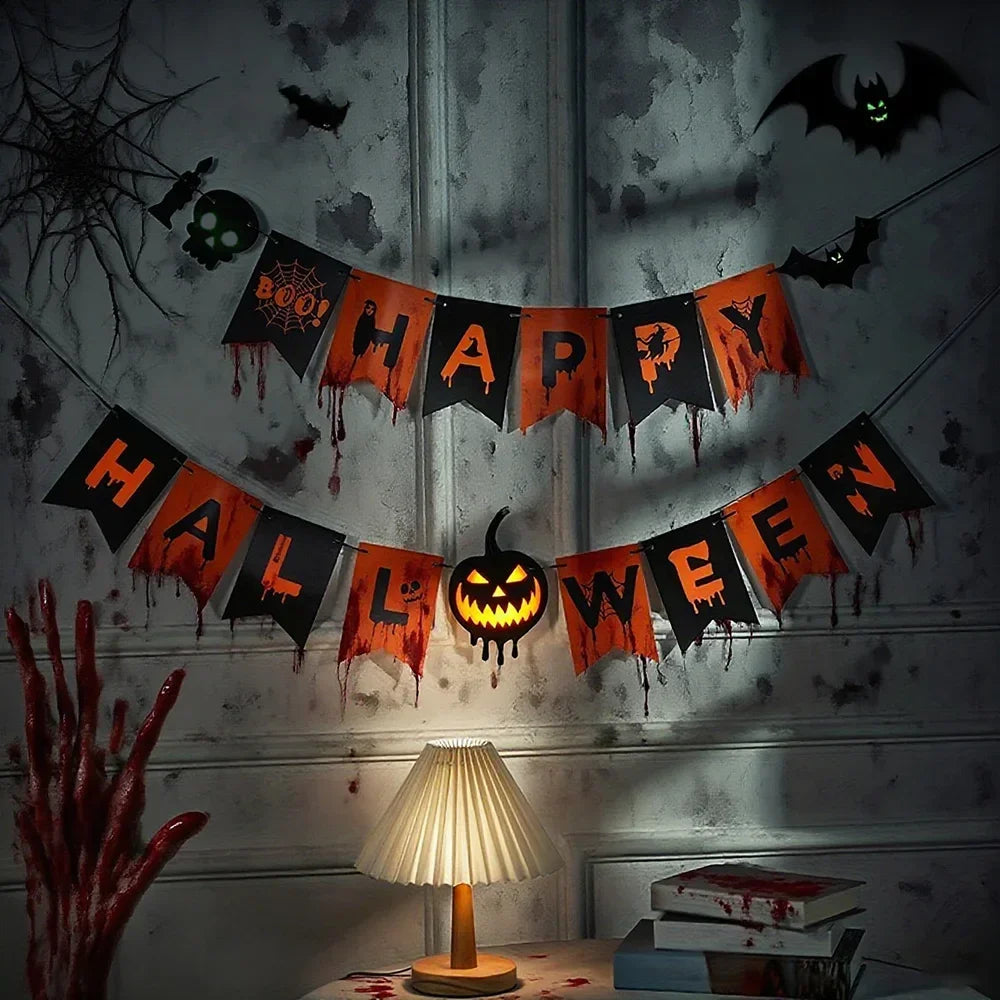 Halloween Flag Hanging Ornaments-decorated with Ghost Bat Skeletons and Scary Pumpkins, Festive Decorations WORLDKPI