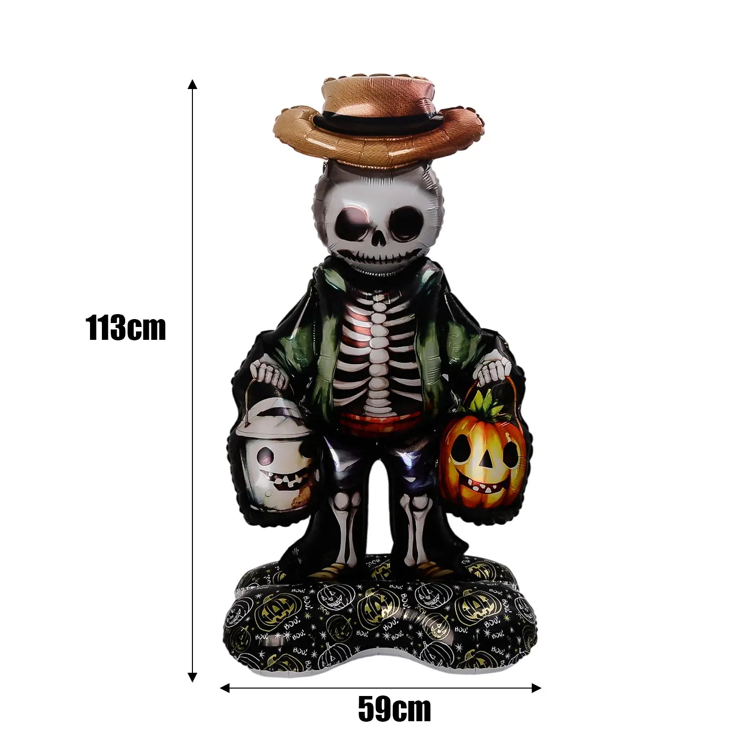 高さ113cmの巨大ハロウィーン用スタンディング・ホイル風船のパーティー装飾。茶色の帽子をかぶった骸骨のフィギュアで、肋骨が見える緑のジャケット、黒いズボンを着用し、パンプキンを2つ手に持っています。