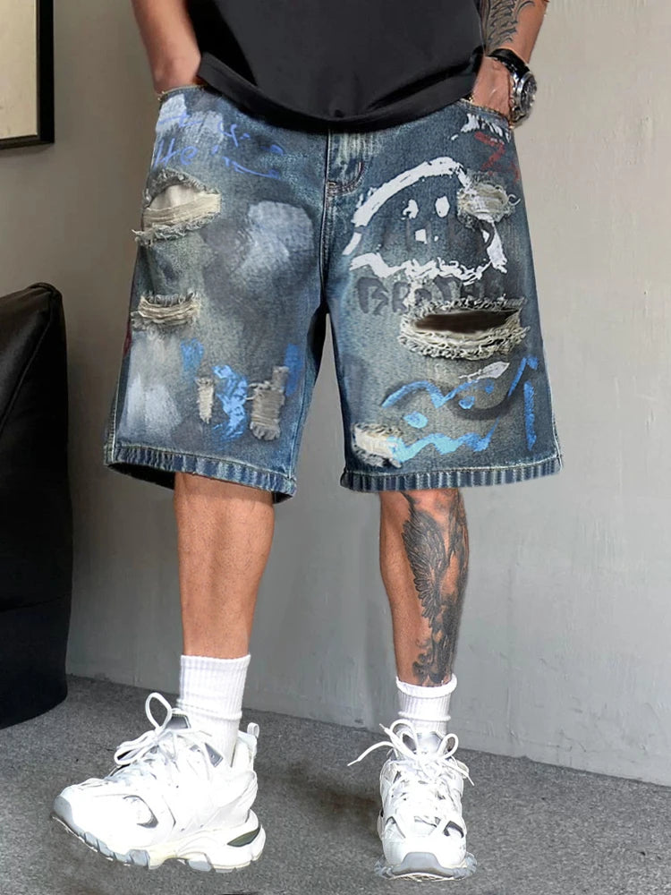 2026New Men Vintage Washed Denim Shorts Smiley Graffiti Distressed Ripped Jeans Shorts Street Fashion Casual Knee Length Bottoms