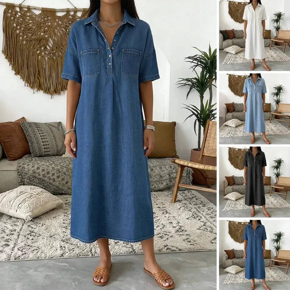Women's Vintage Denim Shirt Dress Casual Short Sleeve Button Up Jean A-Line Long Dress with Pockets Commuting Style Midi Dress