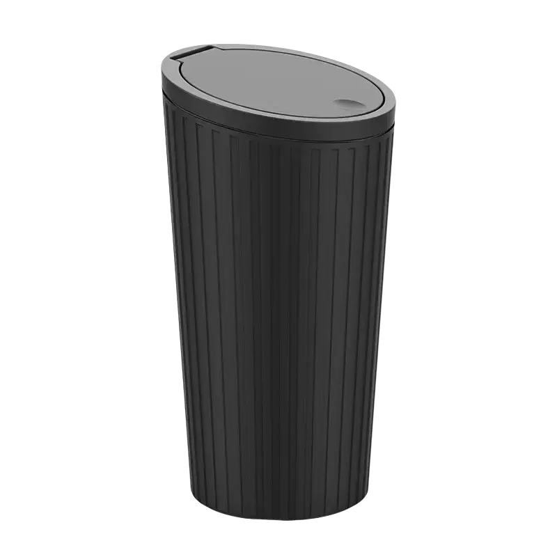 Black ribbed plastic car trash bin with hinged lid shown from the front as a portable storage bucket accessory feature