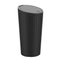 Black ribbed plastic car trash bin with hinged lid shown from the front as a portable storage bucket accessory feature