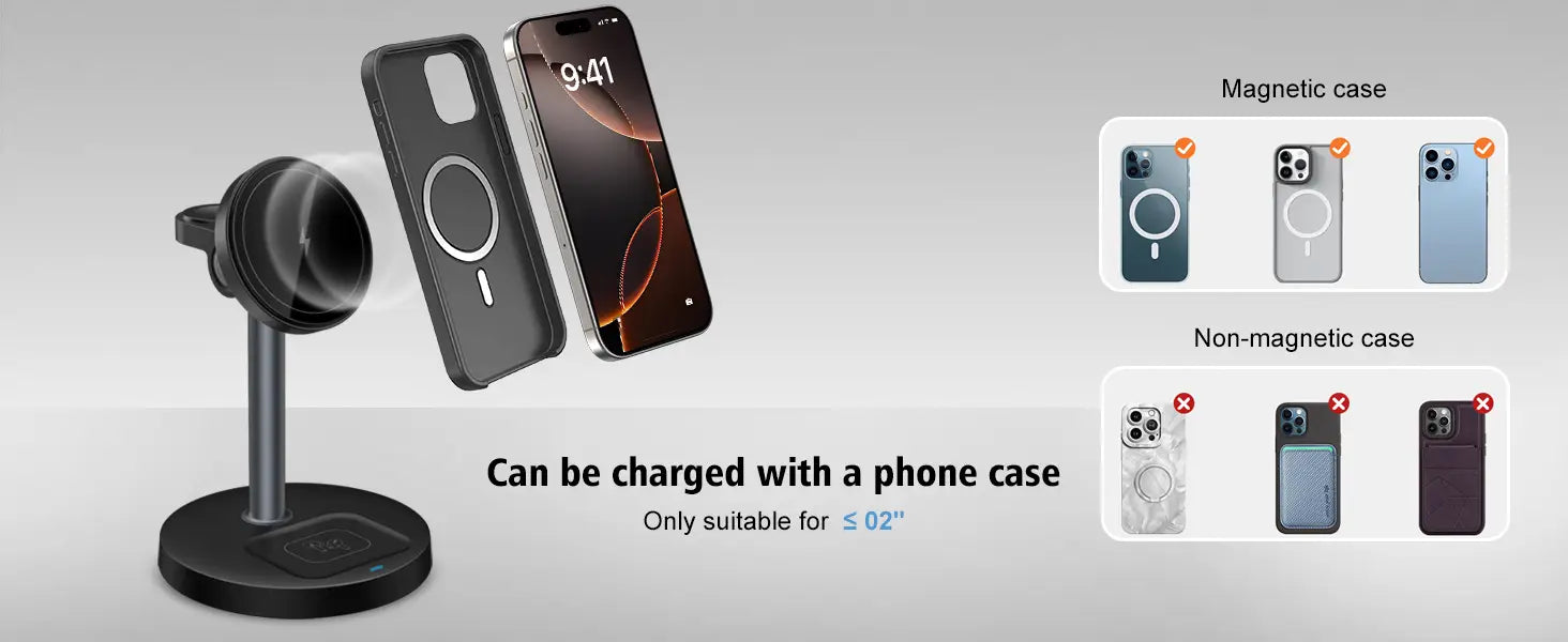 Black magnetic wireless charger stand with a sleek minimalist design for iPhone models in the Magnetic Wireless Charger Stand 3-in-1 for Apple product line.