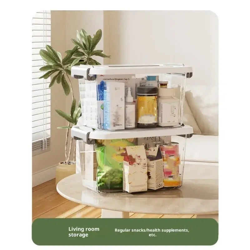Boîte de rangement en plastique transparent avec couvercle et loquets, en grande taille environ, empilée pour l’organisation du salon