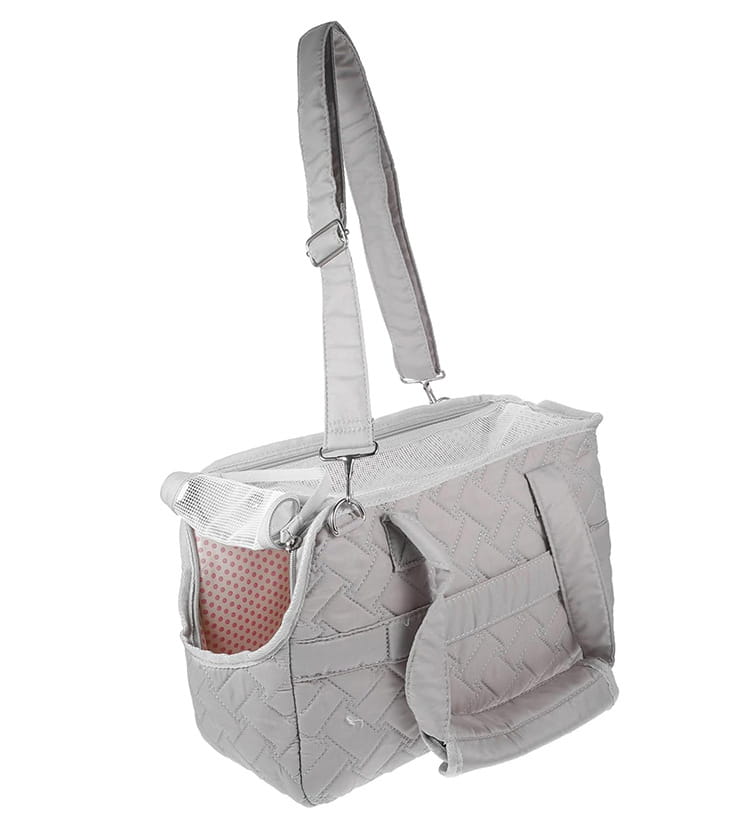 Sac pour animal de compagnie matelassé gris, avec panneau latéral en maille et bandoulière réglable, conçu comme un petit porte-chien respirant.