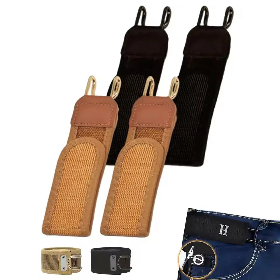 Boucles de ceinture en tissu noir et beige avec crochets métalliques pour la fixation à l’arrière des jeans, sur le côté arrière d’une ceinture élastique à taille sans boucle, unisexe.