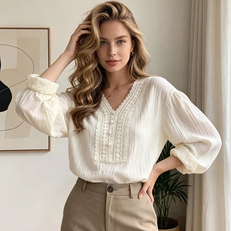 Women's Shirt Summer Loose Long Sleeve Women's Blouse Office Lady Elegant White Tops V-neck Casual Lantern Sleeve Female Shirts