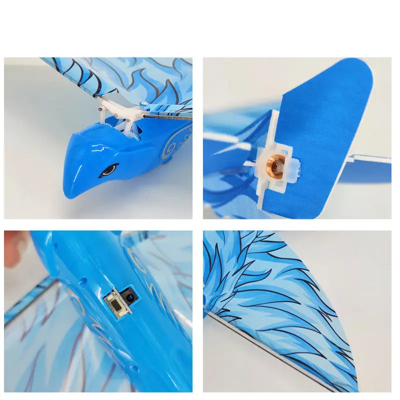 blue plastic dragon-shaped remote control flying bird toy with feathered wing designs and a small camera mounted on its body for outdoor remote control use