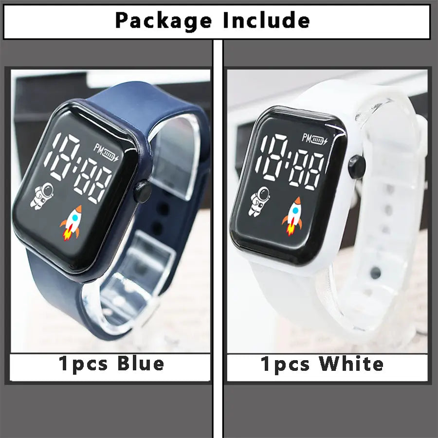 Montre électronique pour enfants de type sport numérique LED bleue et blanche, avec bracelets en silicone, affichant des graphismes d’astronaute et de fusée à l’écran, pour garçons et filles, usage de montre électronique