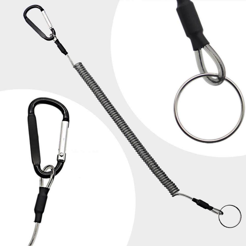 black carabiner with silver metal clip and black rubber grip attached to a retractable coiled stainless steel spring anti-lost lanyard keychain ending in a small circular ring