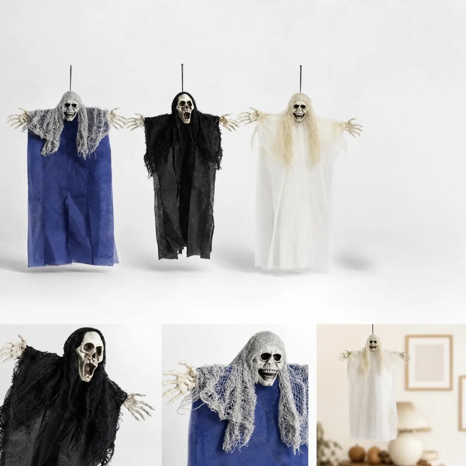 Trois décorations d’Halloween suspendues en forme de squelettes fantômes, avec des visages squelettiques, des bouches largement ouvertes et des bras déployés, vêtus de robes fluides bleu, noir et blanc, idéales pour la salle d’évasion ou pour une utilisation en décoration suspendue d’Halloween
