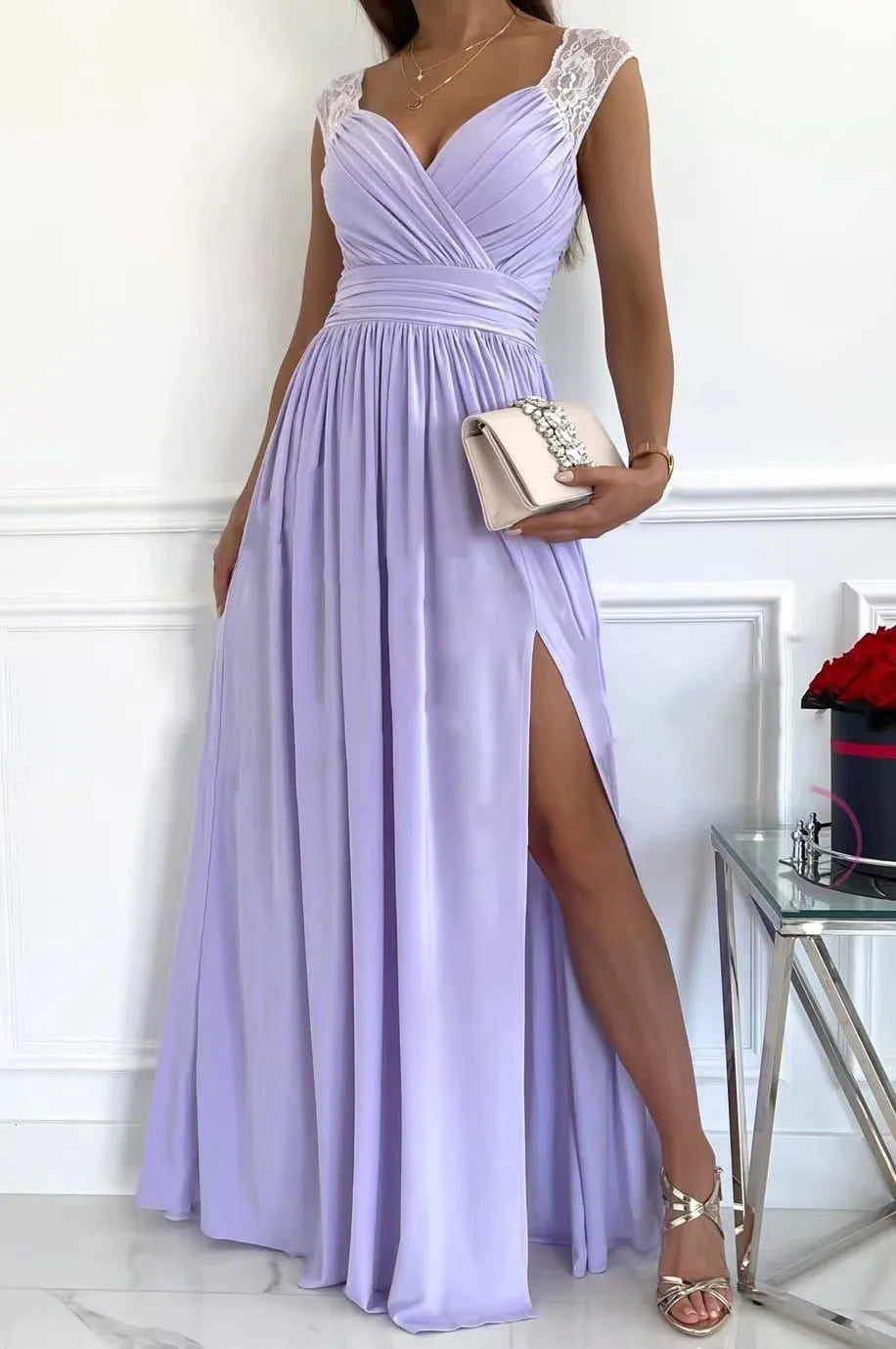 Elegant Evening Dress Women V Neck Lace Shoulder Sleeveless Slit Waist Cinched Pleated Formal Party Prom Maxi Gown