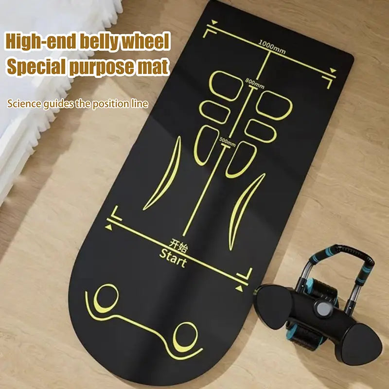 Black abdominal wheel mat made of non slip tpe with yellow measurement lines and position guides for fitness exercises.
