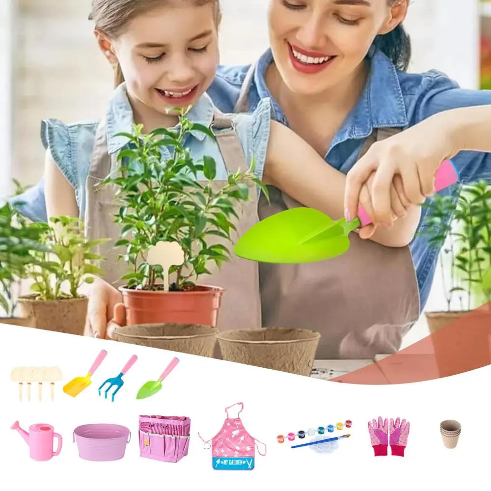 Bright green plastic garden trowel with a pink handle from a kids gardening set featuring gardening tools for children.