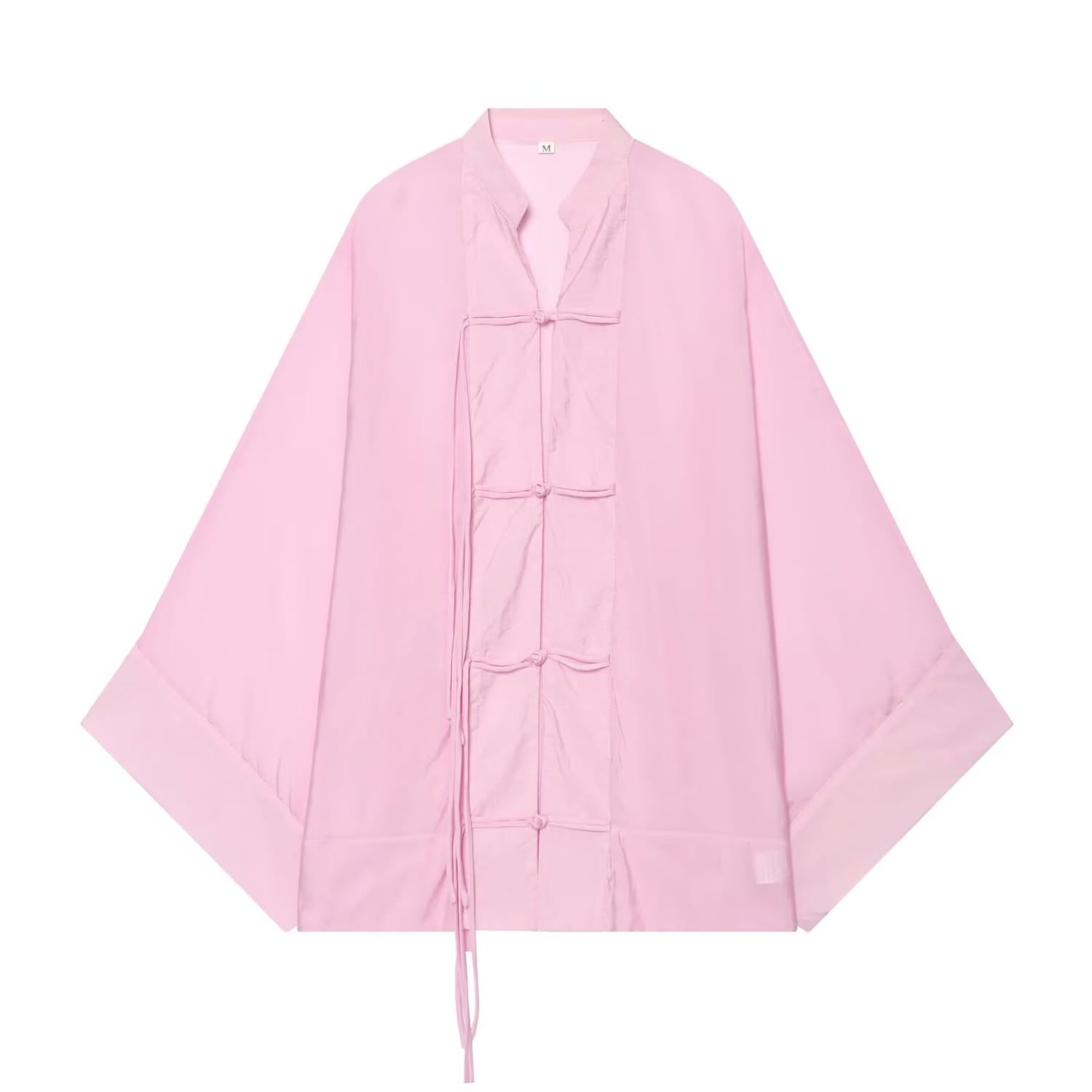 Veste chemise décontractée rose poudré ample de style traditionnel, à manches amples et fermeture avant à nouer en tissu.