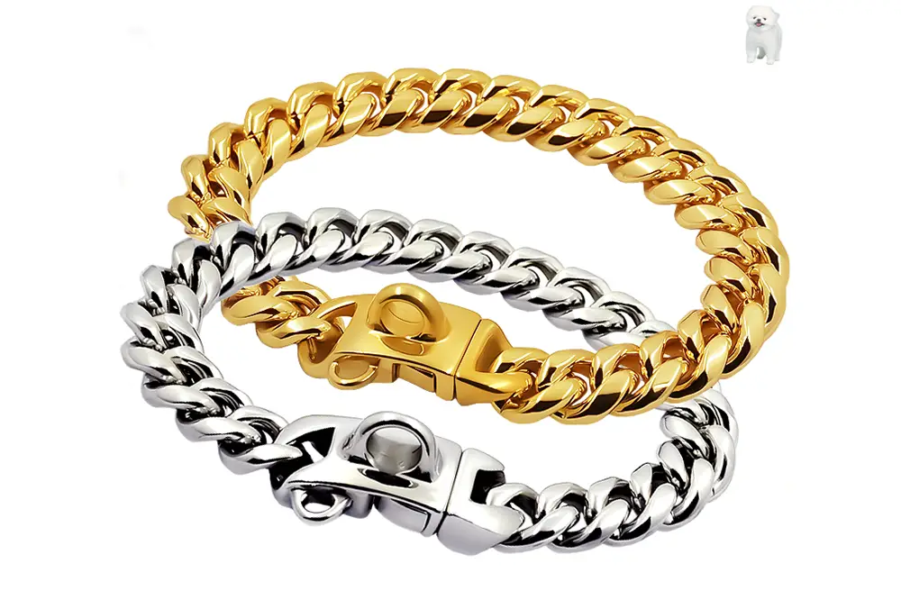 Collar para perro de acero inoxidable dorado y plateado con diseño de pulsera de cadena de eslabones cubanos entrelazados y pulidos