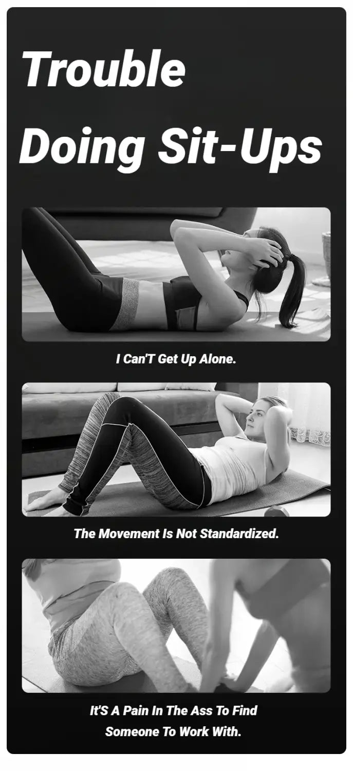 Póster instructivo de fitness en blanco y negro que presenta la barra de ventosas para abdominales con soporte ajustable del tobillo, demostrando dificultades para realizar abdominales en tres paneles.