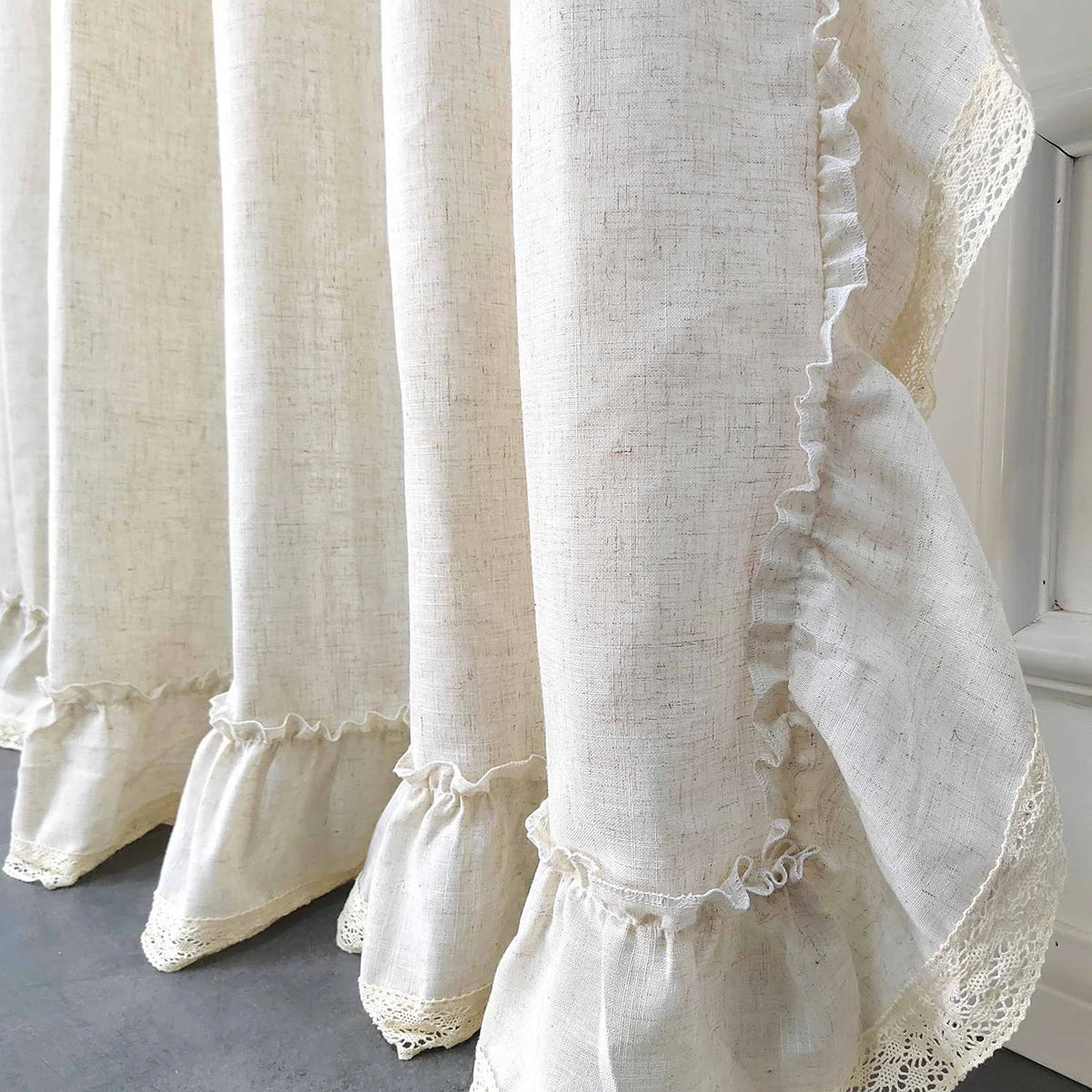 French Ruffle Semi Sheer Curtains, Plain Faux Linen Textured Vintage American Farmhouse Curtain for Living Room, Bedroom, Study