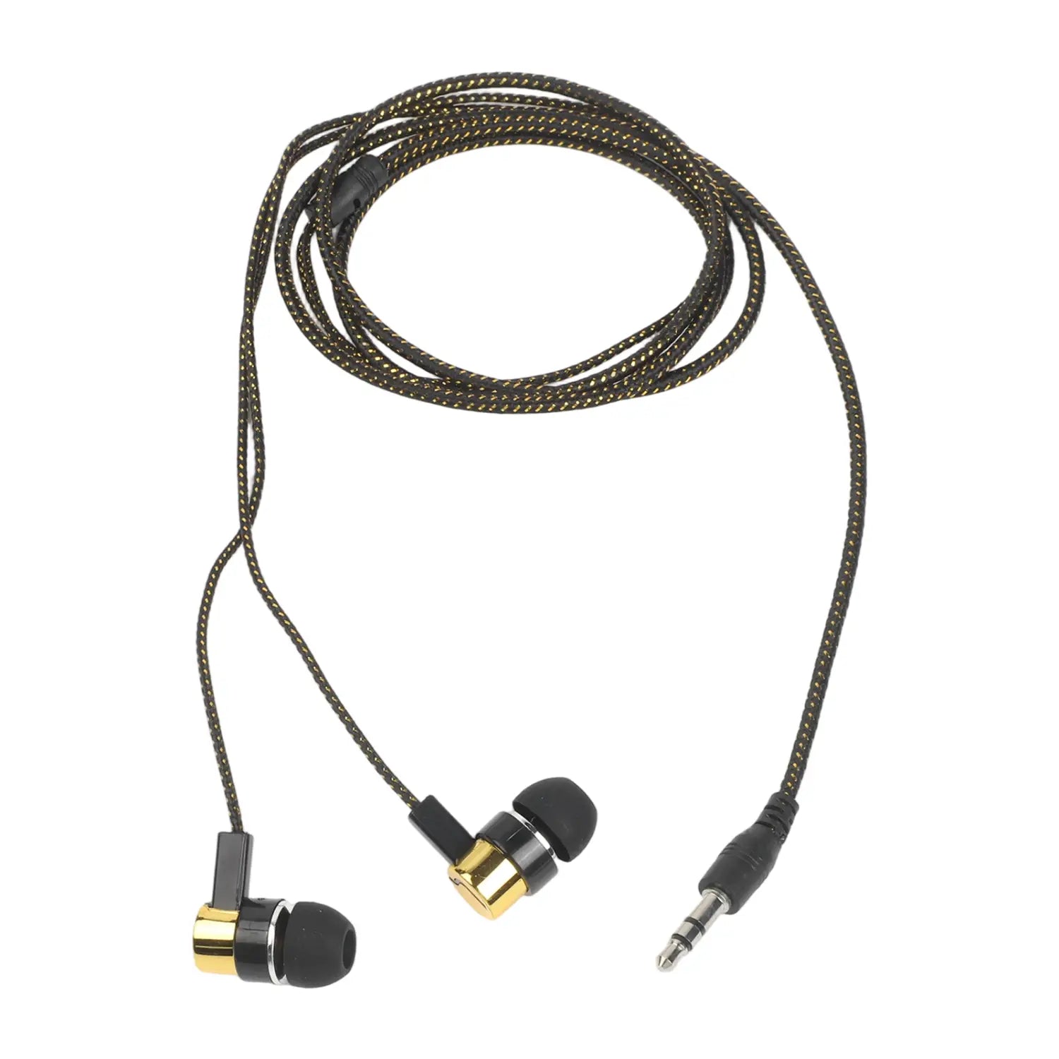 Schwarze und goldene eingelegte Bass-Stereo-Kopfhörer für den In-Ear-Bereich mit geflochtenem Kabel und Lautstärkeregelung für ein verbessertes Stereo-Kopfhörerlebnis
