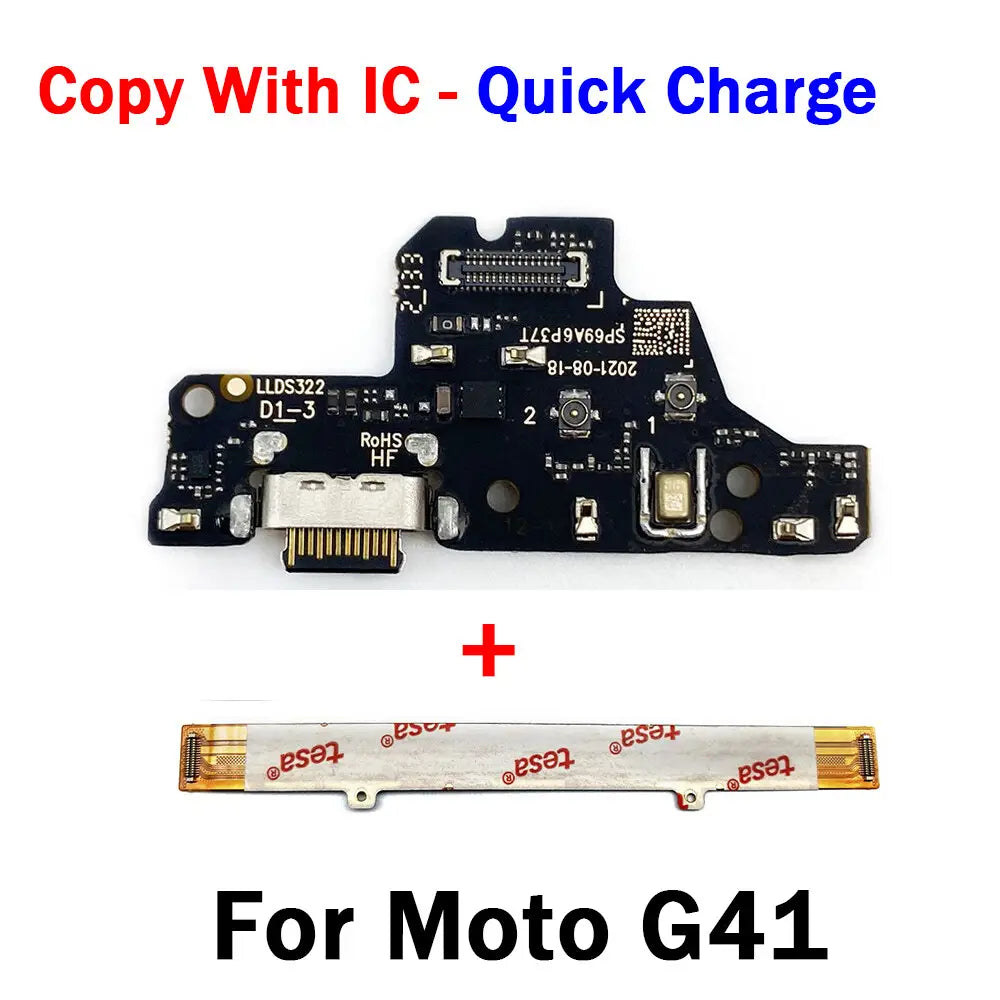 black circuit board usb charging board for Motorola Moto g series featuring a silver usb-c port, gold contacts, and a flexible flat cable for quick charge replacement