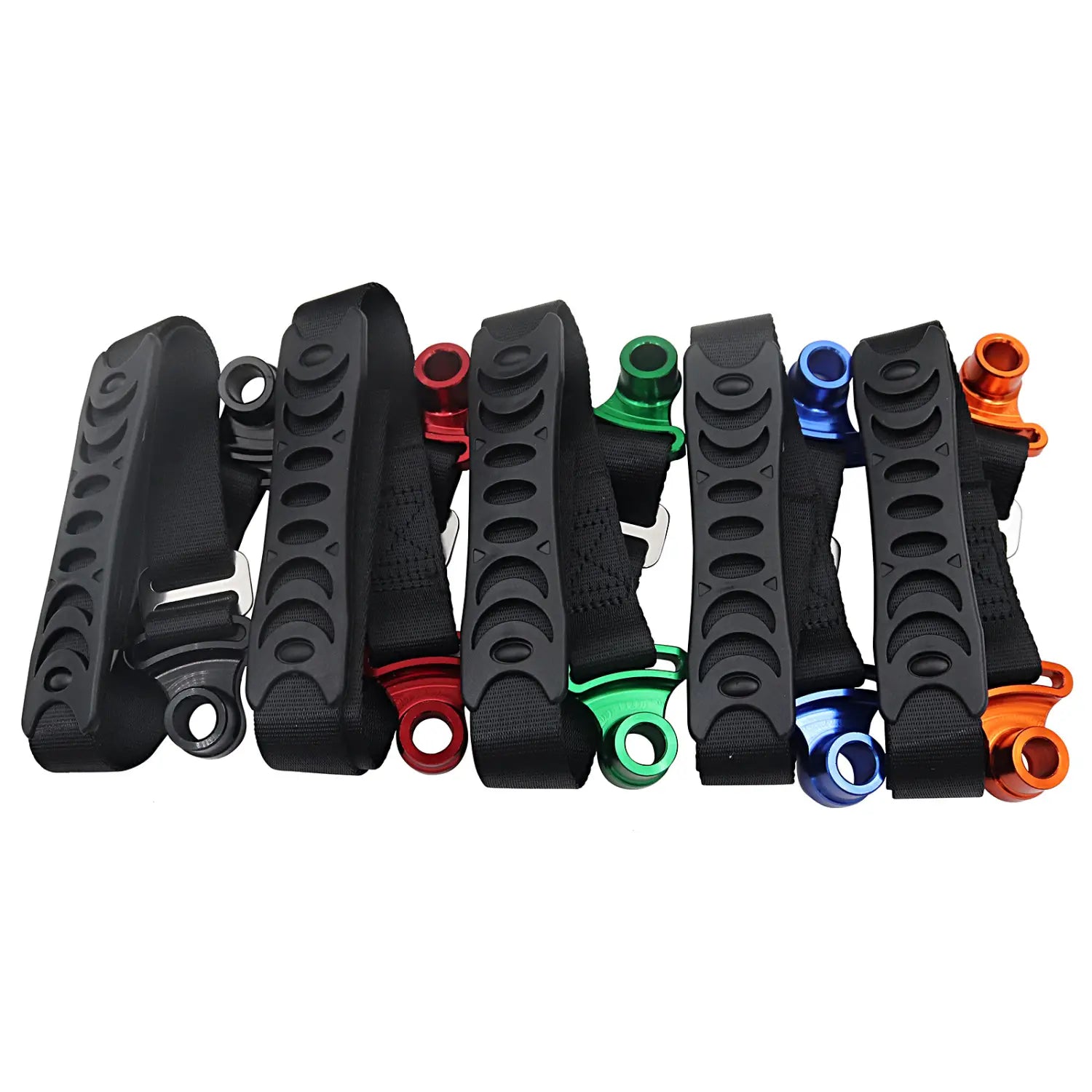 schwarzes Gurtband für Dirtbike-Abschleppgurt-Set mit farbigen Endbeschlägen aus rotem, grünem, blauem und orangefarbenem Aluminiumlegierung für Vorder- und Rückholriemen