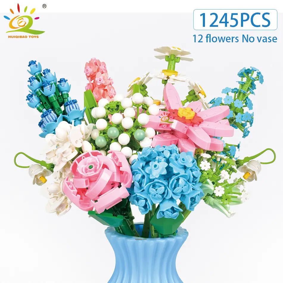 Un bouquet coloré de 12 fleurs en plastique en rose, bleu, blanc et vert, assemblées à partir de briques de construction huiqibao, pour les collections d’amateurs de blocs