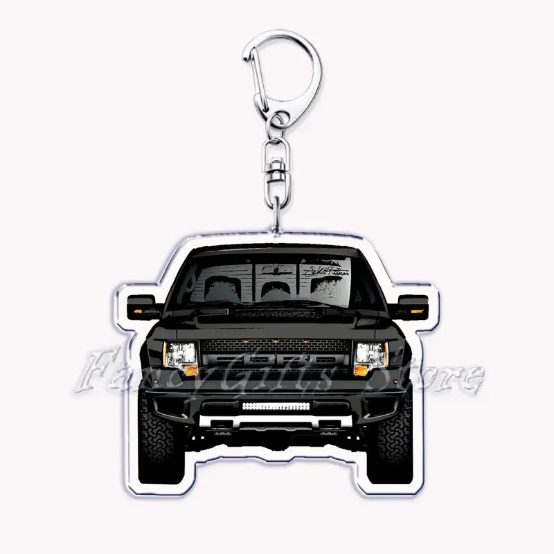 Black Ford Raptor truck-shaped acrylic keychain with silver metal clasp for Nissan Skyline acrylic car keychain product.
