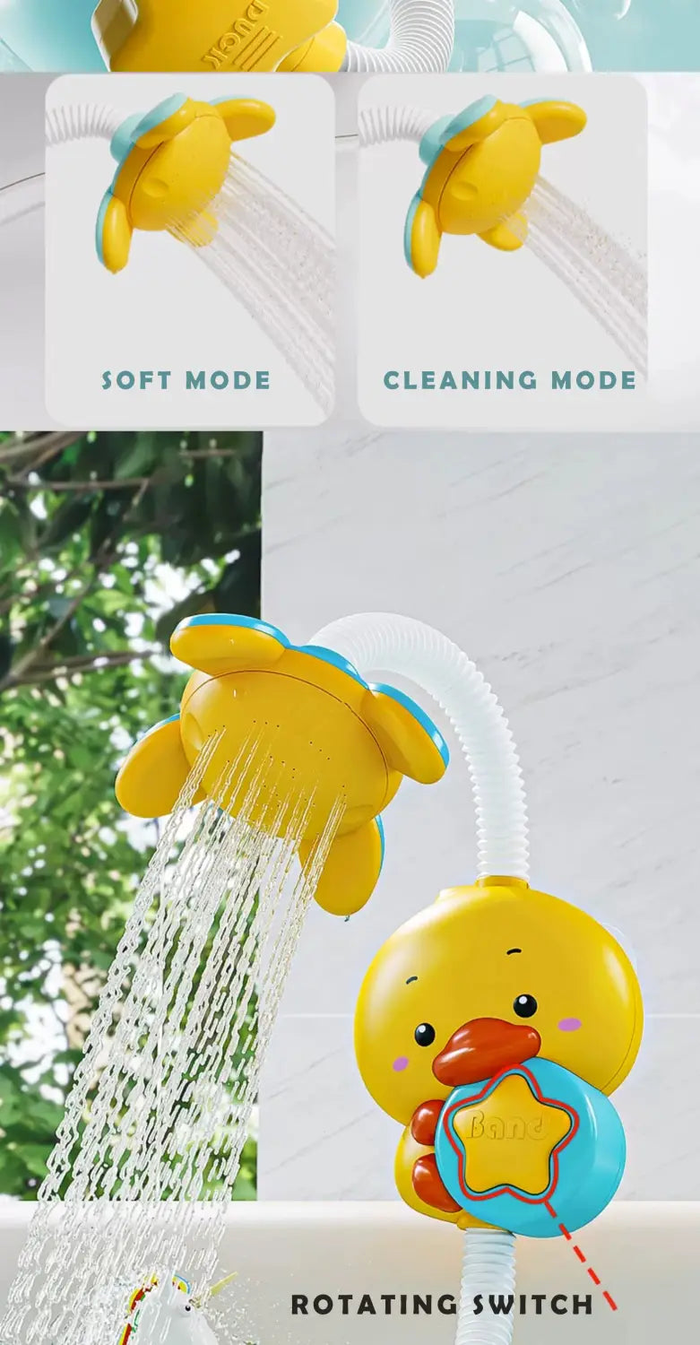 Jouet de bain électrique en forme de canard pour bébé, en jaune avec des accents bleus, doté d’un système de commutation rotatif pour un contrôle facile, destiné à une sortie d’eau du robinet à jets.