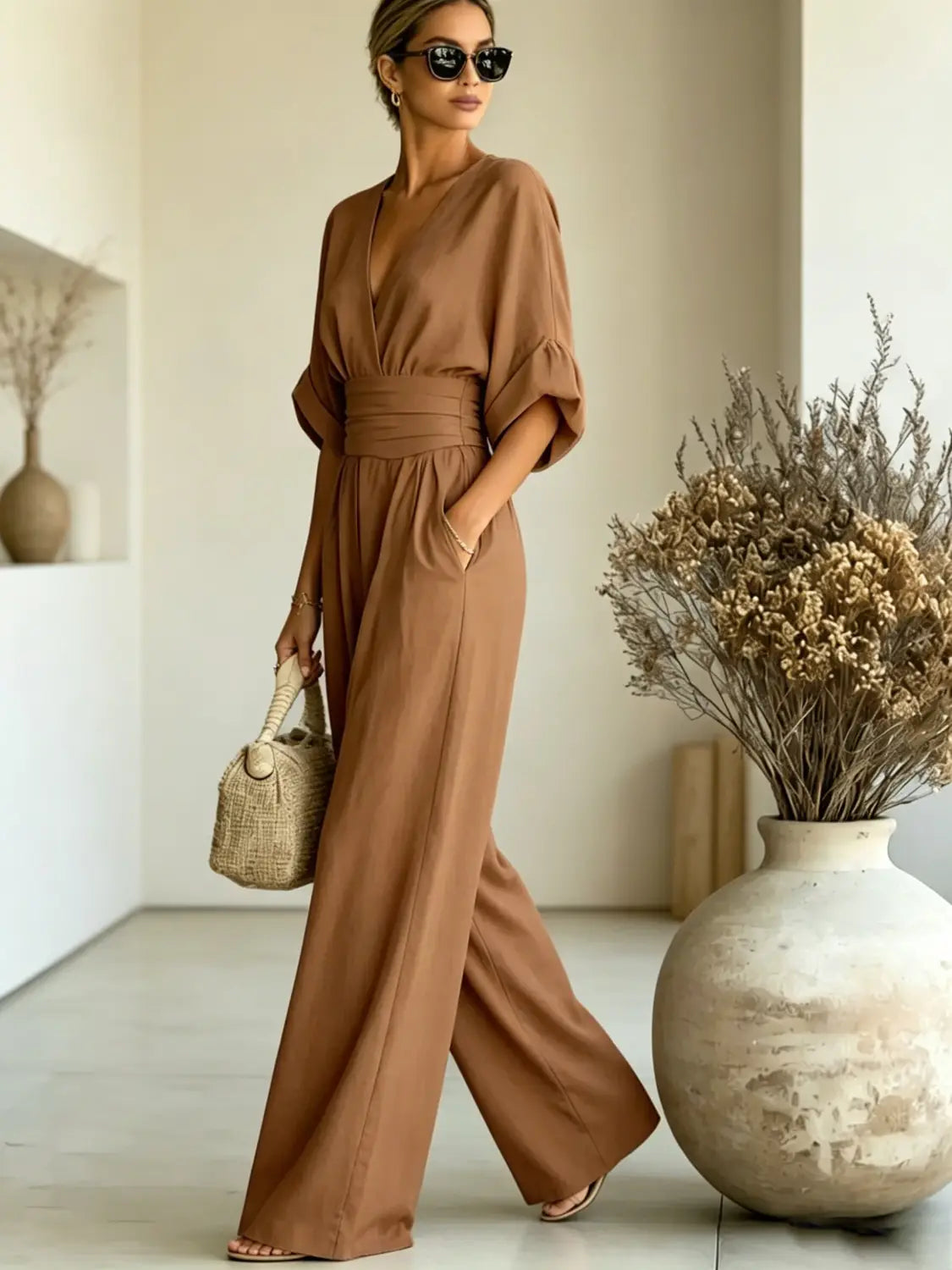 A stylish taupe-colored v-neck wide-leg jumpsuit with a belted waist and three-quarter sleeves.