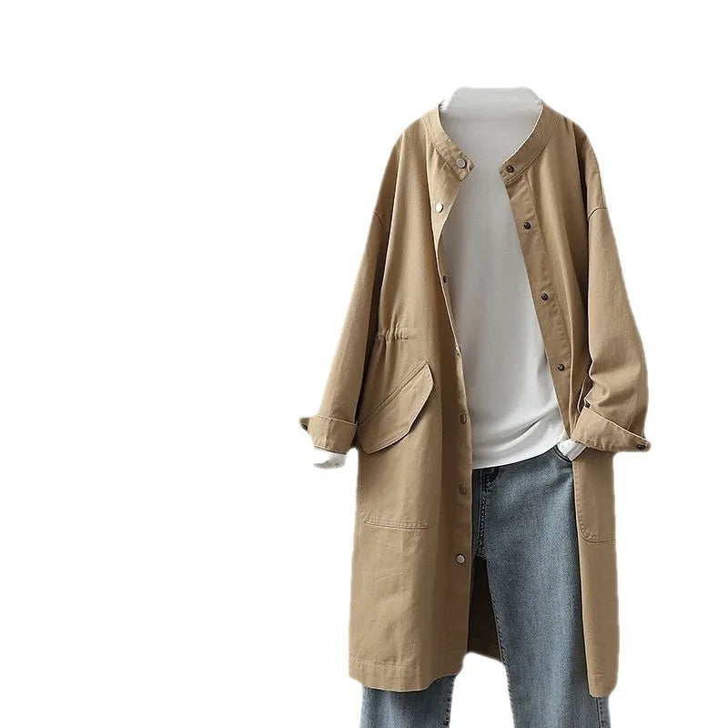Long Trench Women Solid Round Neck Single Breasted Jackets Full Sleeve Casual Loose Pockets Coats Cardigan Lady Spring Autumn