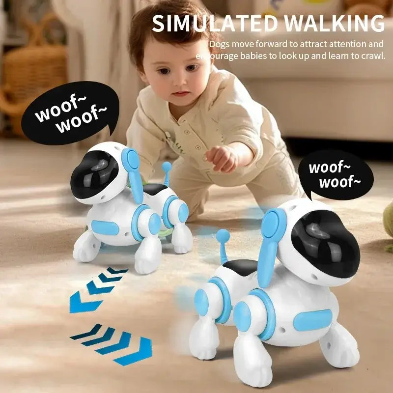 白色および淡い水色のロボット電子犬のおもちゃ。黒色の目のようなセンサーを備え、犬のスタント歩行およびリモコンによるダンス用に設計されています。