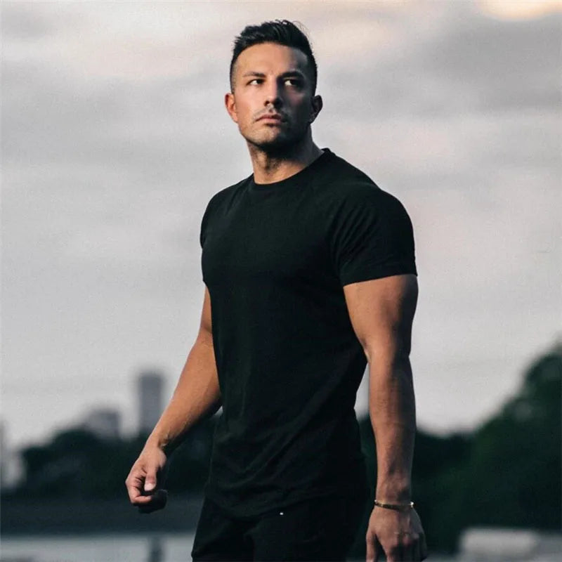 Men's Muscle T Shirts Slim Fit Cotton Short Sleeve O-Neck Raglan Sleeve Solid Tee Tops Gym Workout Bodybuilding Shirt Sportswear