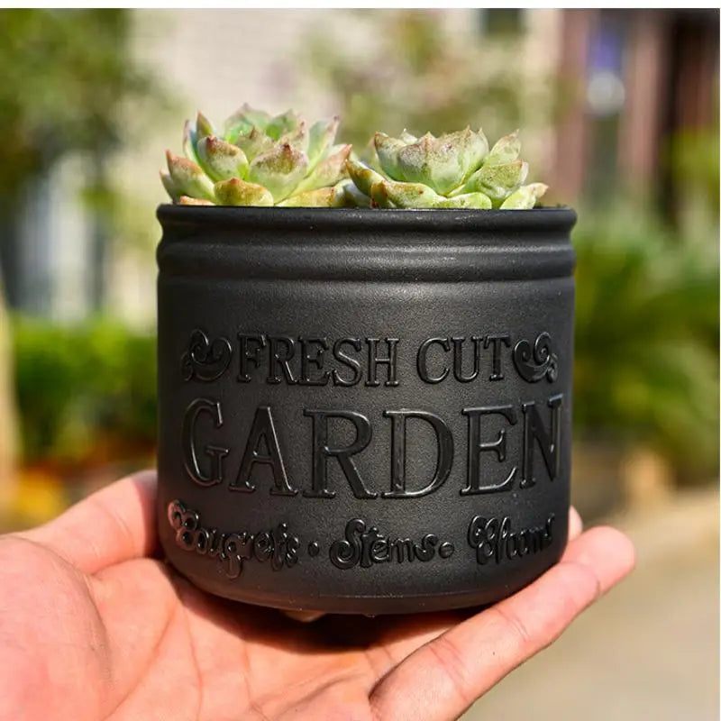 エンボス加工の「フレッシュカットのガーデンテキスト」を施した、装飾用途向けの小さな多肉植物を収容する黒色のセラミック小型サイズの丸型植木鉢。