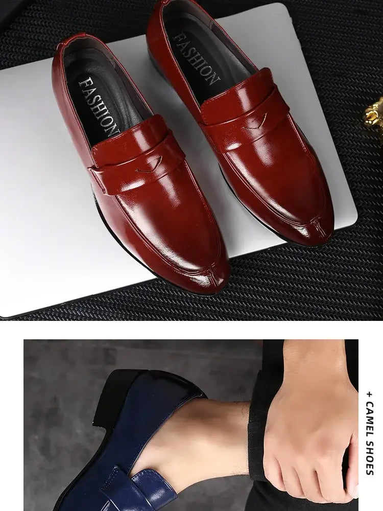 Polished burgundy leather men business dress shoes with a pointed slip-on design and a sleek glossy finish.