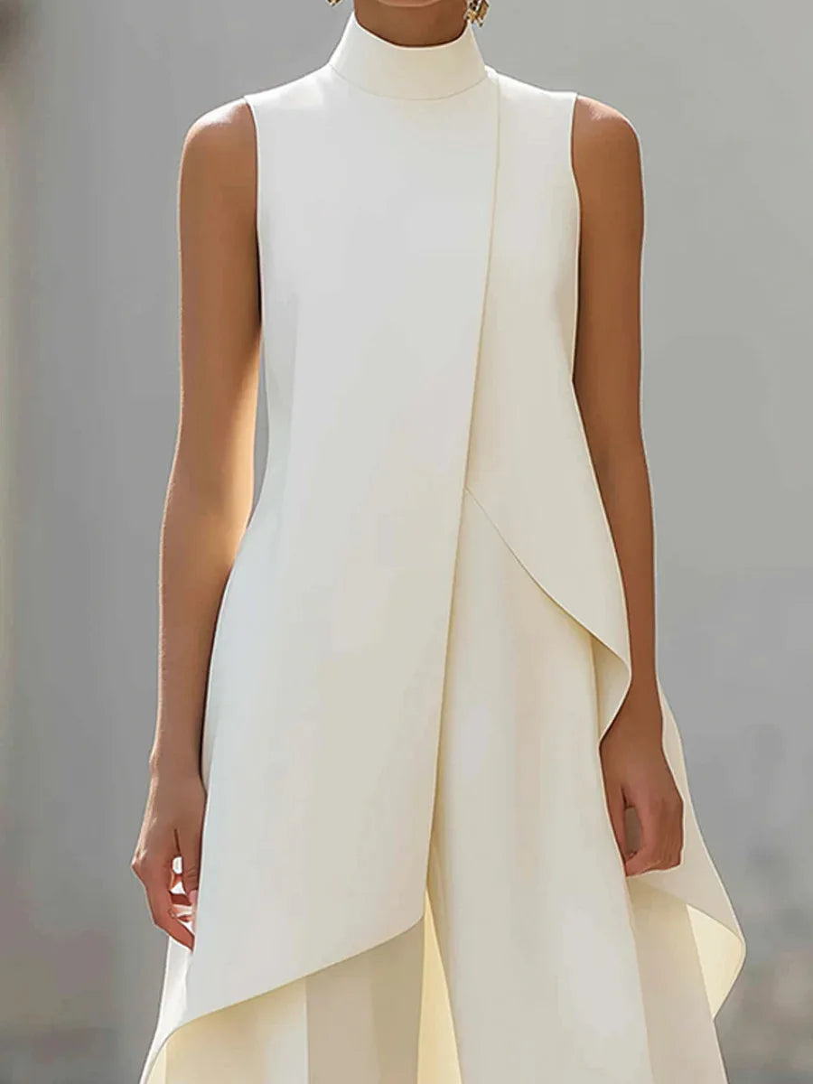 Women Stand Neck Sleeveless Layered Long Vest Wide Leg Pants Co Ord Set Elegant Business Formal Office Commuter Two Piece Outfit