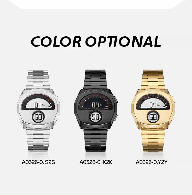 Megir men stainless steel digital watches with rectangular faces and metallic link bracelets available in silver black and gold finishes.