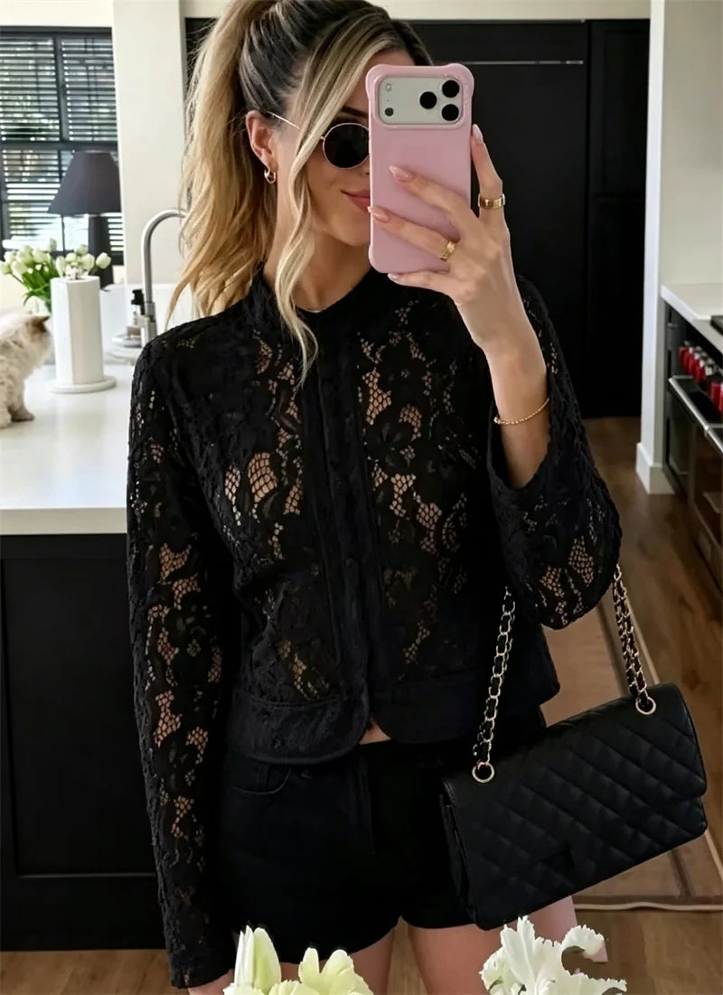 Guobioziy Women's Top 2026 Early Autumn New Arrival European and American Style Fashionable Elegant Lace Slim Blazer