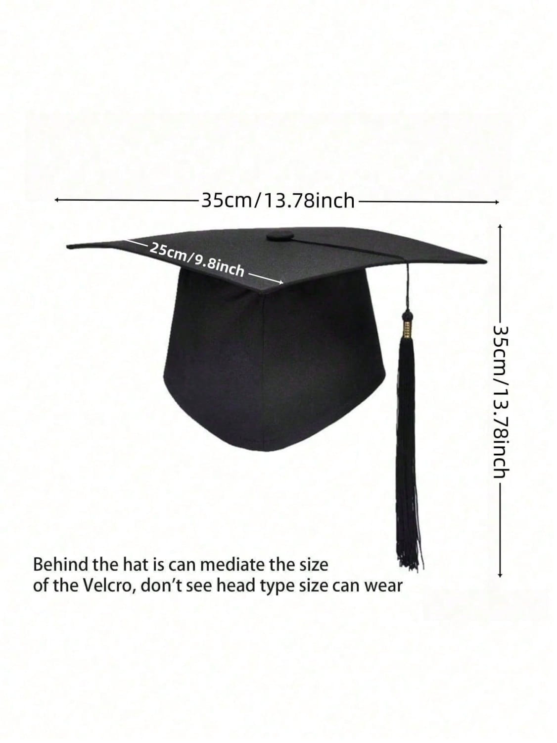 toque de fin d’études noire pour adulte avec gland assorti et fermeture arrière réglable à velcro, montrée depuis l’arrière