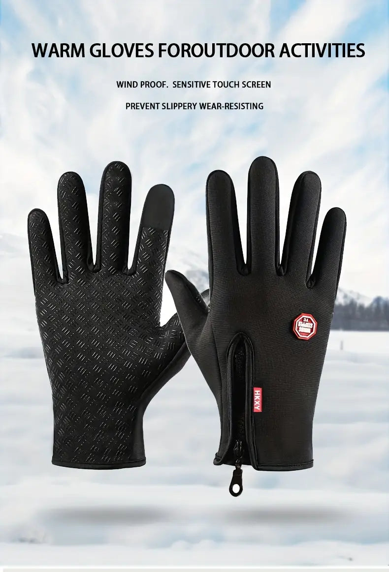 Black touchscreen winter cycling gloves with textured palm and wrist zipper designed for outdoor activities shown from the back side