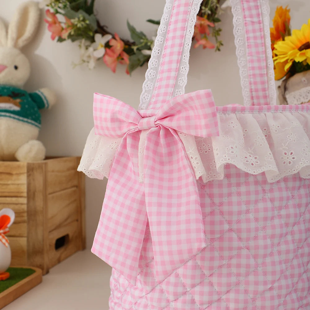 Easter Basket With Lace For Kids Trim Cute Quilted Gingham Egg Hunting Basket Spring Gift-giving Easter Accessory Party Supply